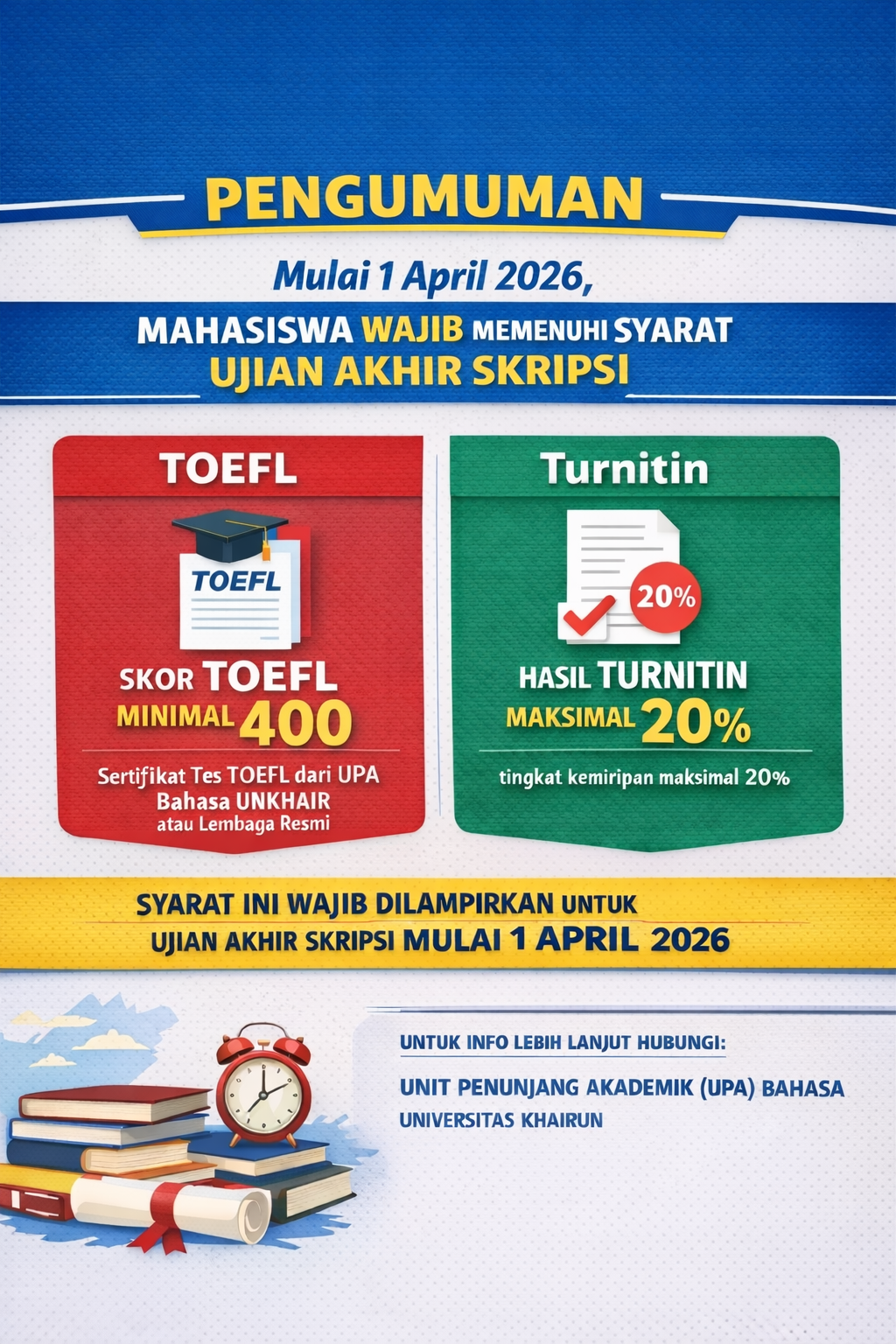 Mahasiswa Wajib Lampirkan TOEFL dan Hasil Turnitin untuk Ujian Akhir Skripsi Mulai April 2026